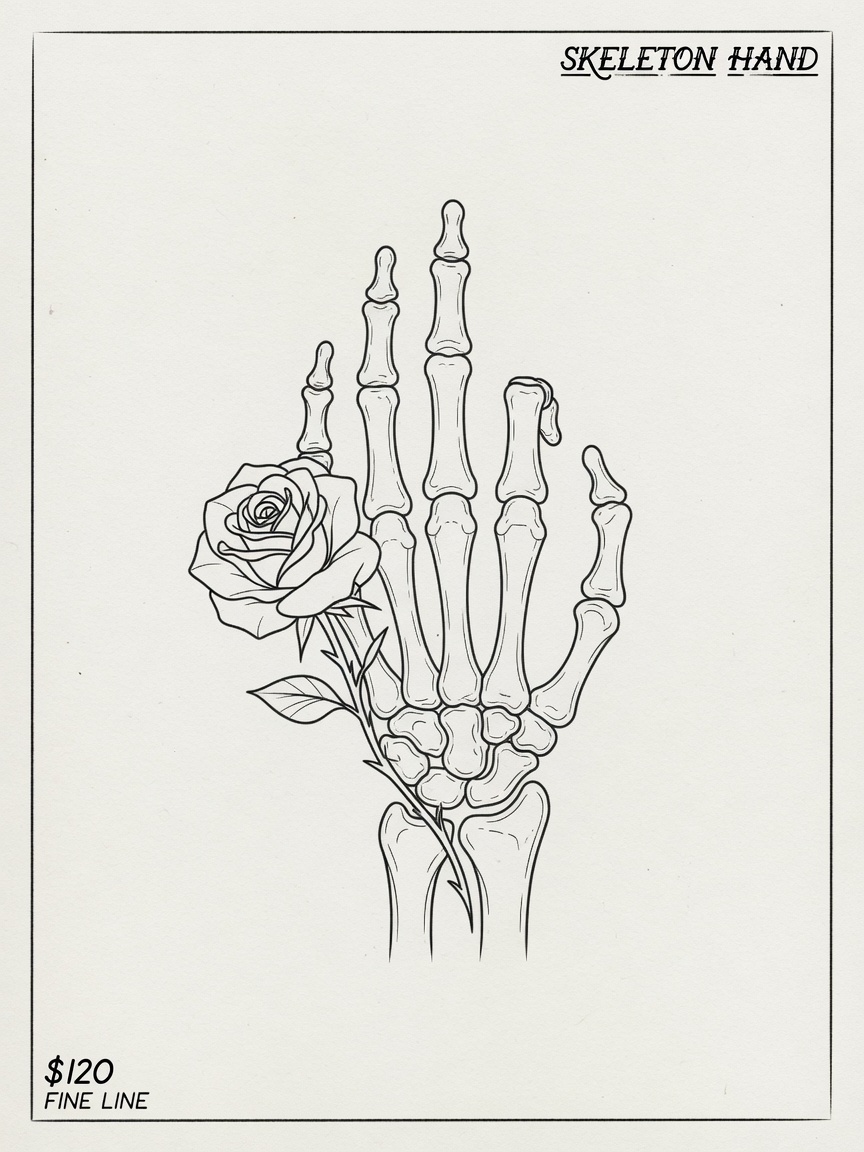 Skeleton Hand — Fine Line Tattoo — Fine Line skeleton-hand tattoo design